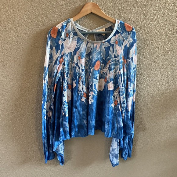 Anthropologie Meadow Rue Linen Fields Swing Top Blue Floral Asymmetric boho art - Picture 4 of 12